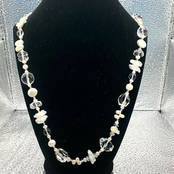 OU#  Long 26” Pearl & Crystal Necklace w/ 925 Silver Clasp - Picture 4 of 9